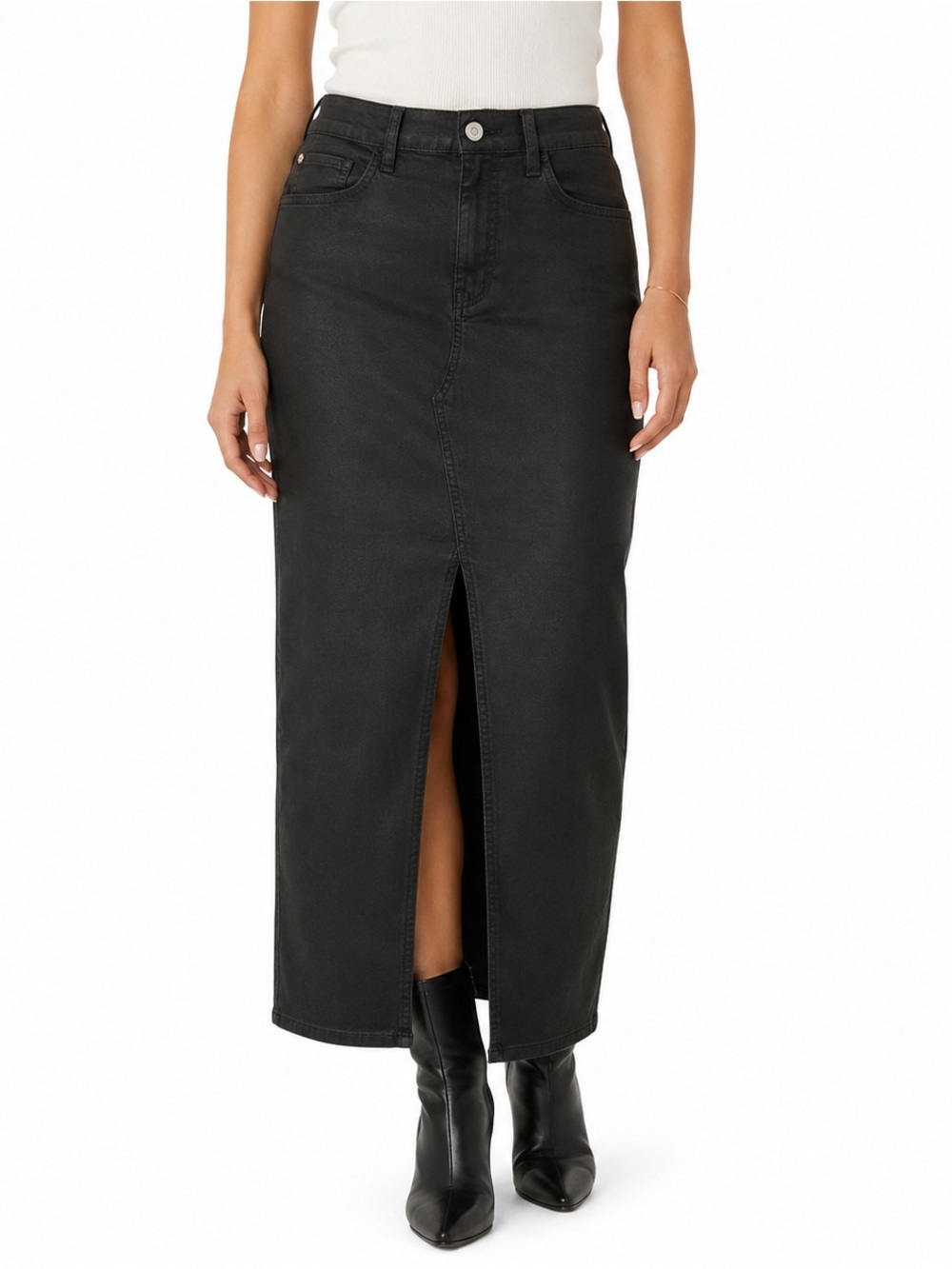 Hudson Black Coated Denim Midi Maxi Fashion Skirt Front Slit Size 28